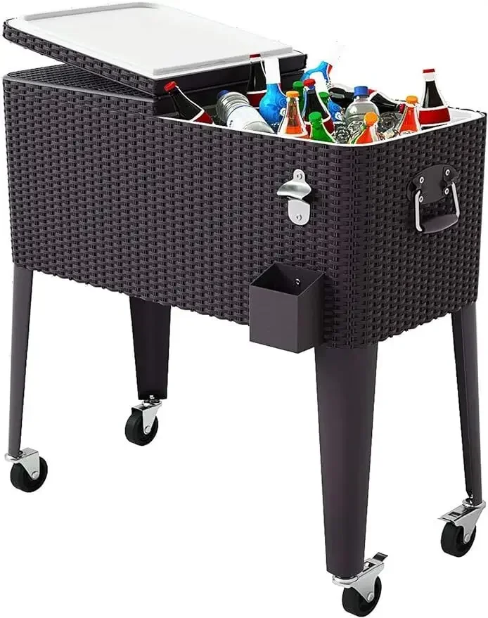 80 Quart Rolling Patio Cooler Ice Chest Beverage Cart, Party Drink Beverage Bar with Wheels with Shelf & Bottle Opener