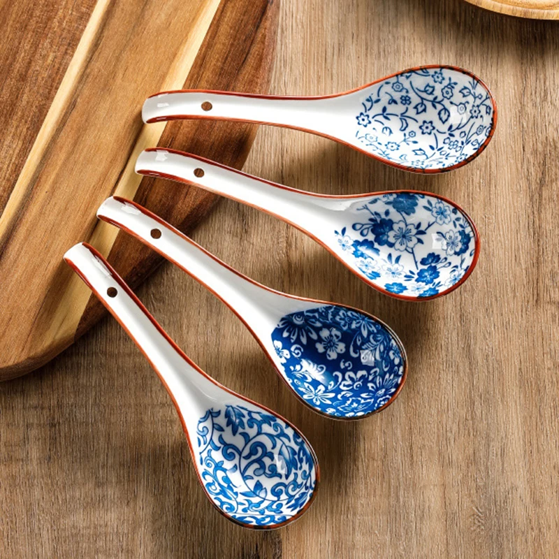 1Pc Blue And White Porcelain Soup Spoon Household Tableware Retro Japanese Style Ceramic Soup Spoons For Home Restaurant