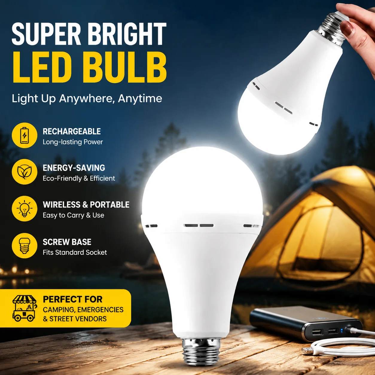 Rechargeable LED Bulb Energy-Saving Super Bright Wireless Camping Emergency Light Screw Base Globe Lamp for Street Vendor