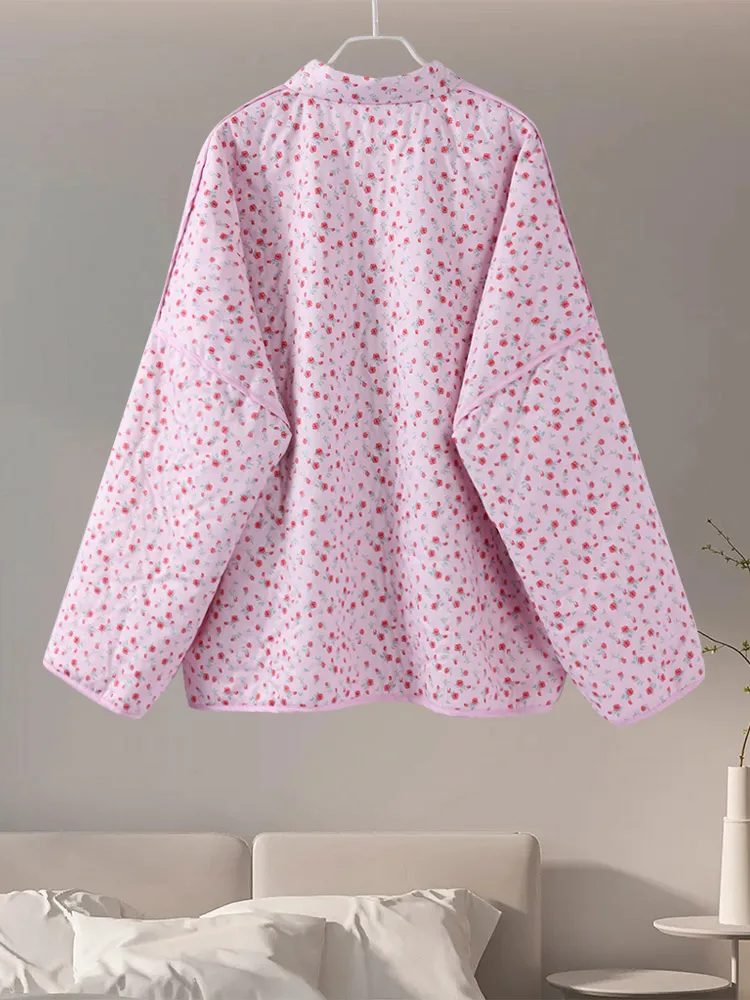 

2026 Fashion New Ladies Coats Streetwear Floral Printed Women's Warm Cardigan Lace Up Pink Coat Casual Loose Spring Warm Coats