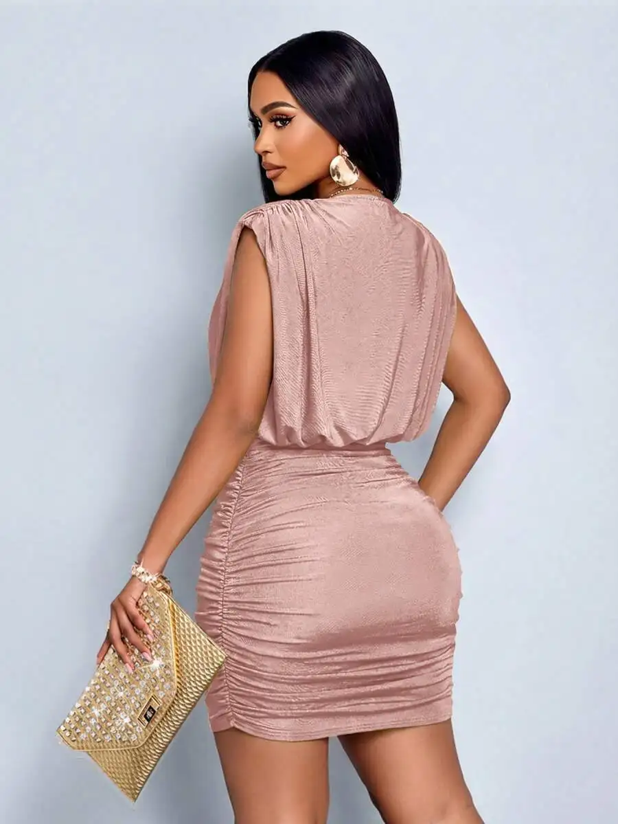

Womens Solid Color Ruched Sleeveless Deep V-Neck Bodycon Mini Dress For Summer Party Beach
