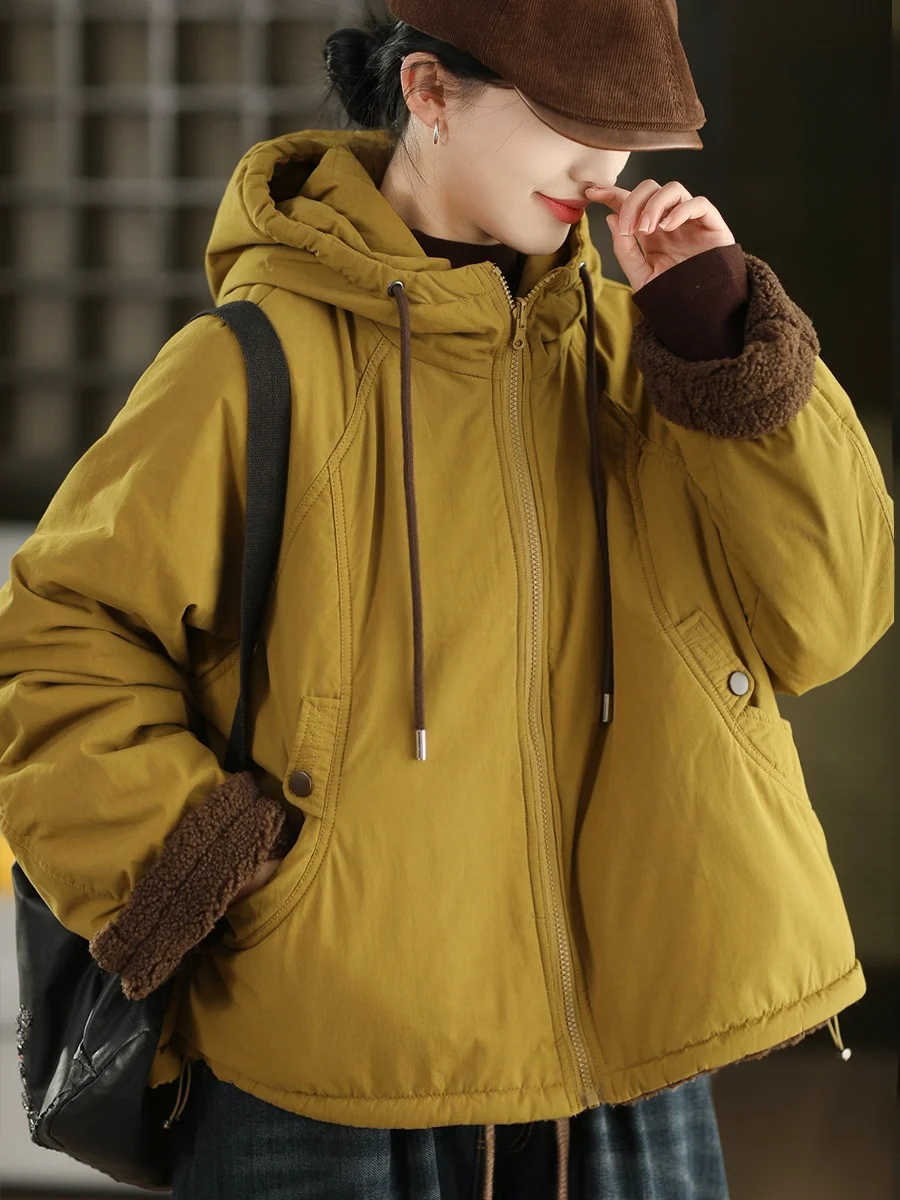 

Двусторонняя утепленная хлопковая куртка с капюшоном из овечьего флиса, зимняя теплая, для повседневной носки, стандартный крой, на молнии, цветная