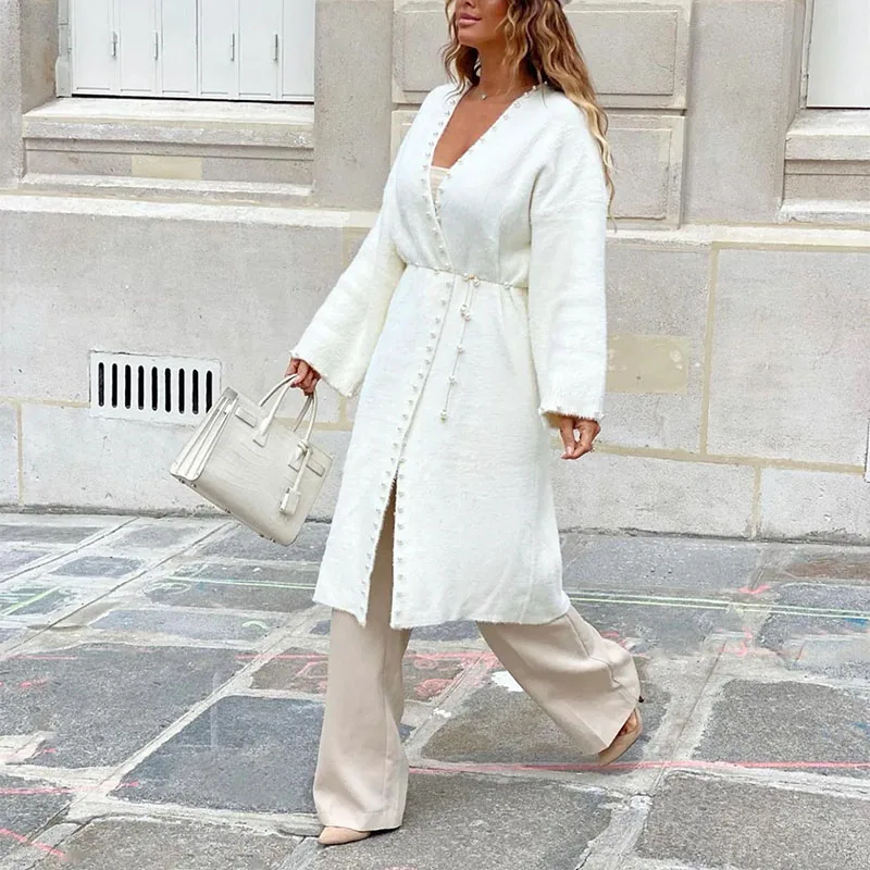 

Elegant Beaded Mink Fleece Long Cardigan Autumn Winter Casual Long Sleeve Loose Design Outercoat Women Fashion Solid Knit Coat