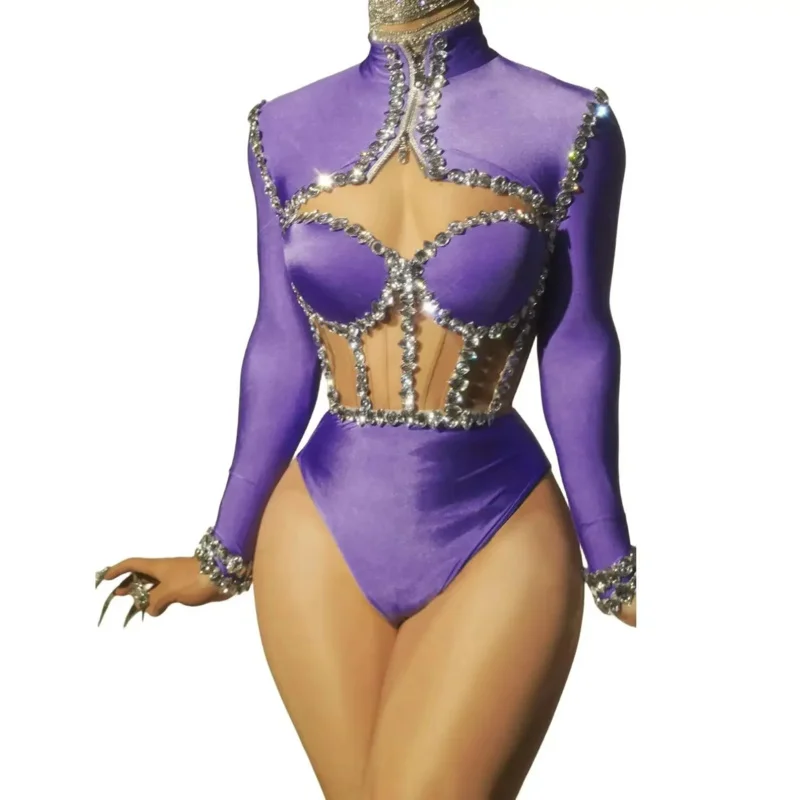 Sparkly Rhinestone Bodysuits for Women Long Sleeve Body Suits Outfits Set Dance Drag Queen Costume Pole Dance Leotard Jianmei