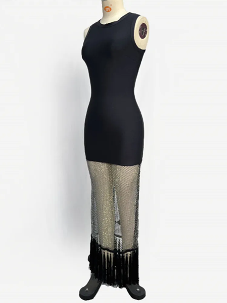 Femmes Sexy O cou diamants Net noir Maxi longs diamants célébrité moulante robe de pansement 2025 élégant soirée Club robe de soirée