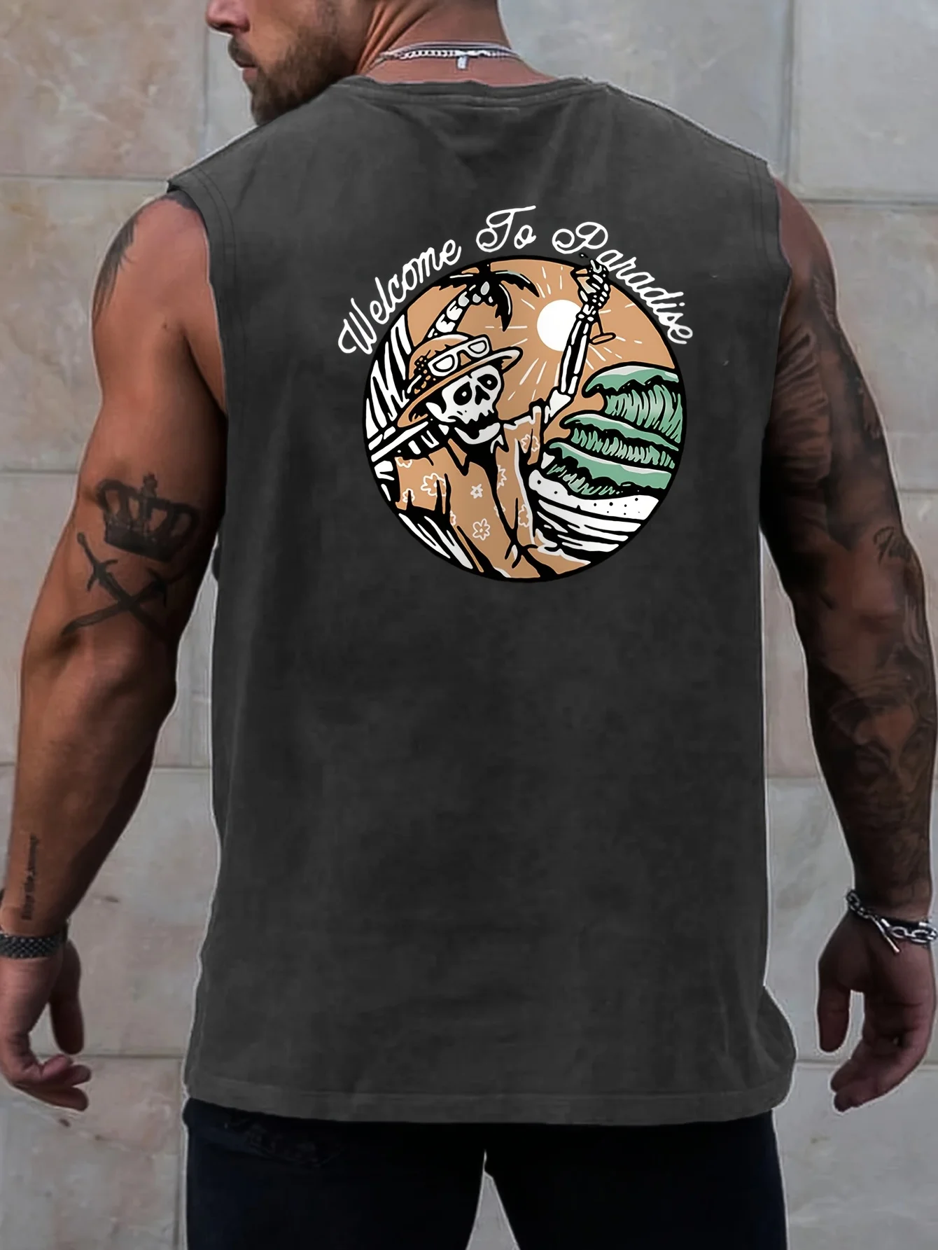 100% pure cotton summer men's fashionable casual loose American trend retro surfing pattern printed sleeveless vest