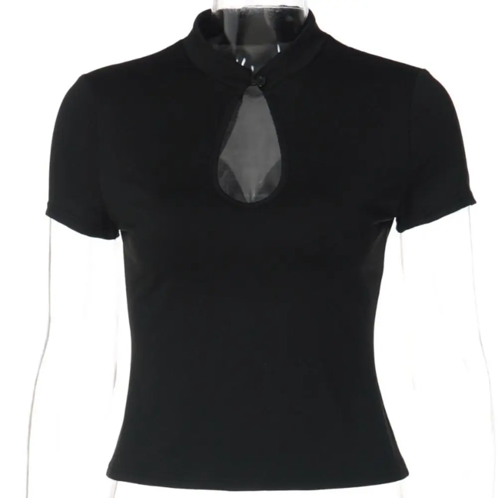 Stand Collar Hollow Out T-Shirt Knot Button Chinese Style Mandarin Collar Top Short Length Slim Fit Short Sleeve Tee
