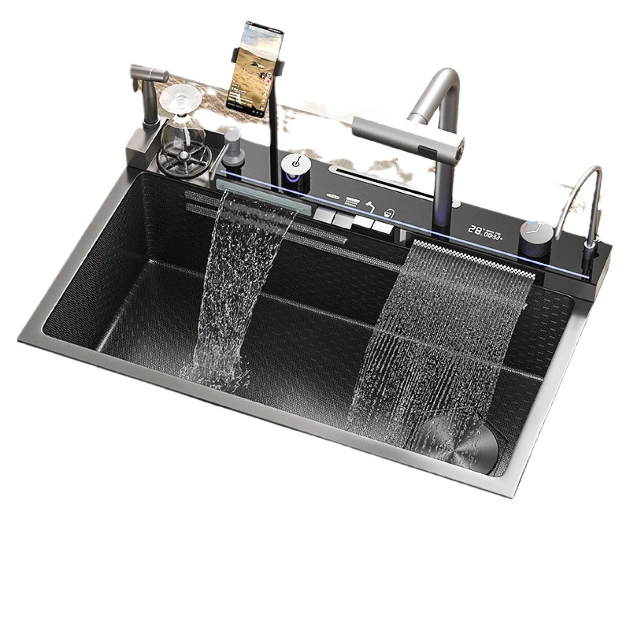 2025 New Design Rectangular Digital Display Smart Waterfall Multifunction Kitchen Sink Stainless Steel Kitchen Sink Set