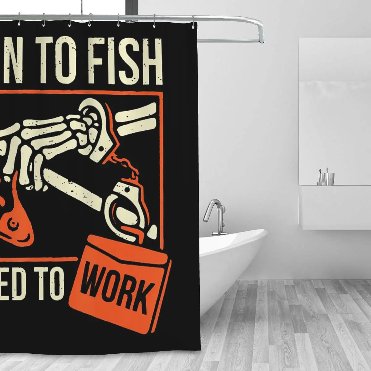 Skeleton Born To Fish Forced To Work Shower Curtain Bathroom Polyester Waterproof Bath Curtains with Hooks