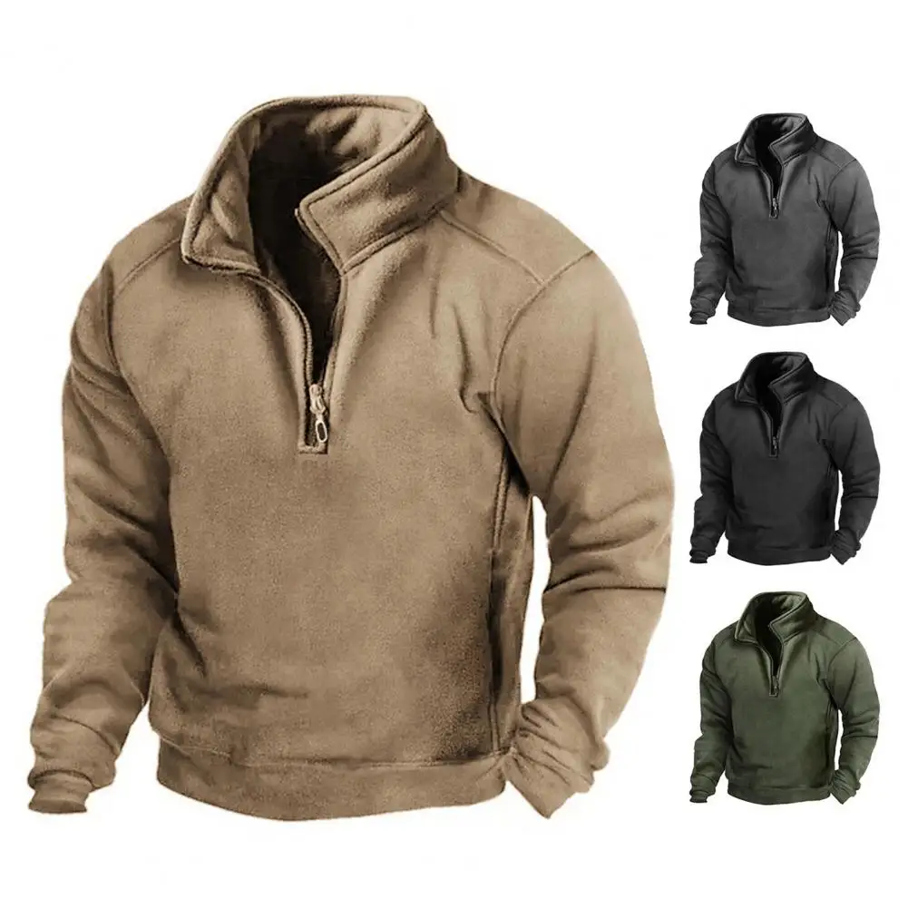 

Autumn Winter Men Sweatshirt Solid Color Stand Collar Zipper Half Placket Pullover Windproof Long Sleeve Outdoor Hunting Tops