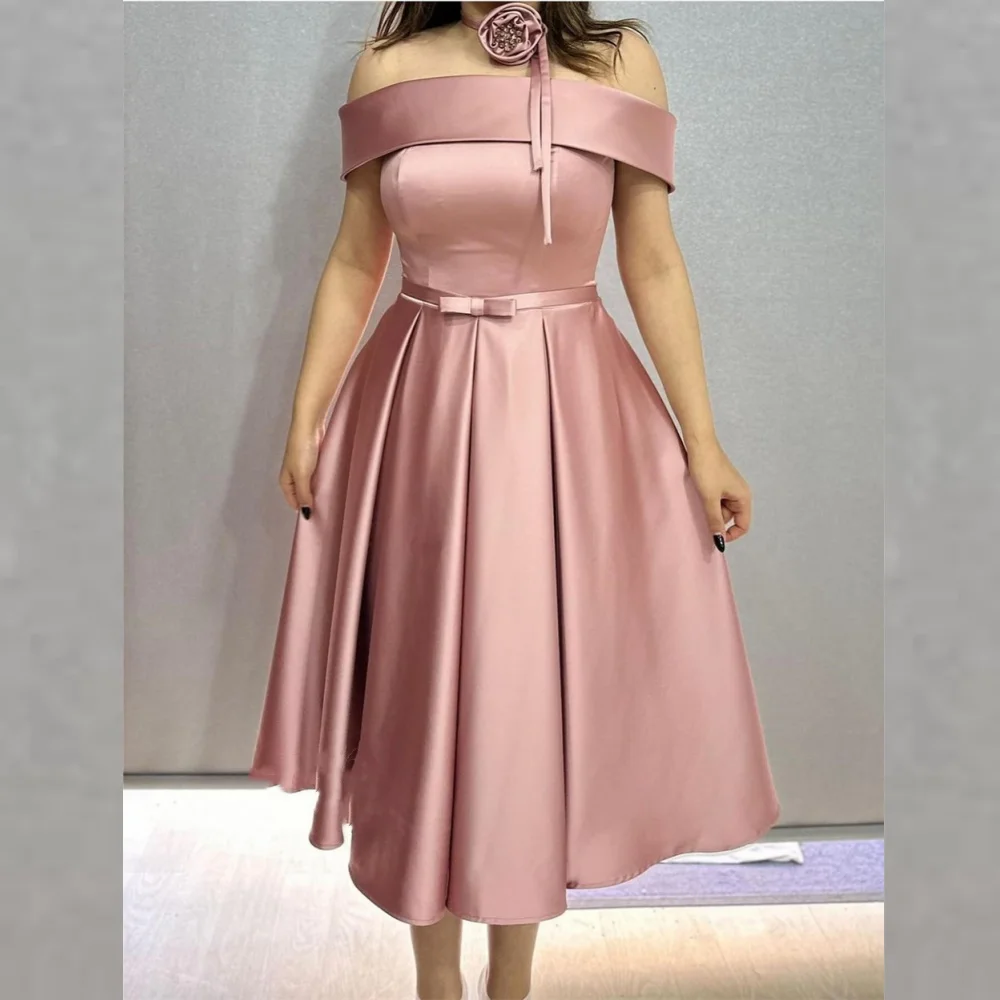 Satin Flower Draped Pleat Prom A-line Off-the-shoulder Bespoke Occasion Gown Midi Dresses