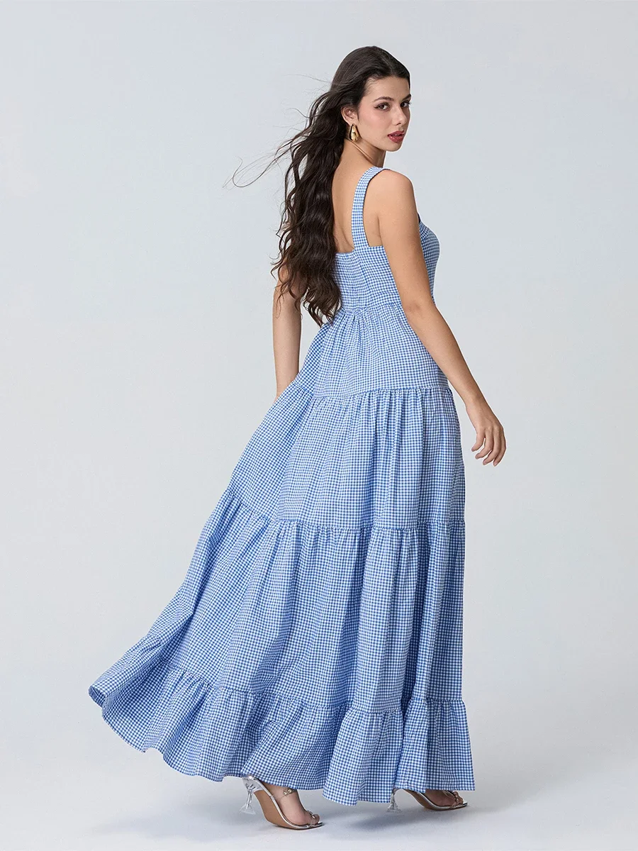 Nova moda feminina vestido de praia longo sem mangas pescoço quadrado bordado em camadas vestido midi deslizamento clube estilo rua venda quente