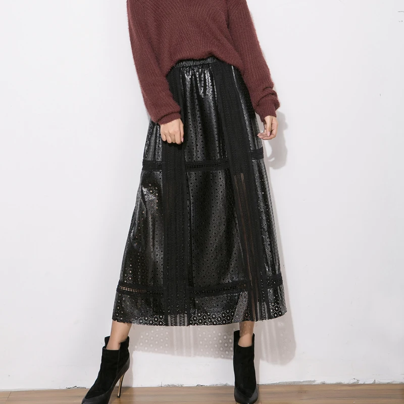 Genuine Leather Long Skirt Women Spring Summer First Layer Sheepskin Stitching Knitting Hollow Out Elastic Waist Black Etekler