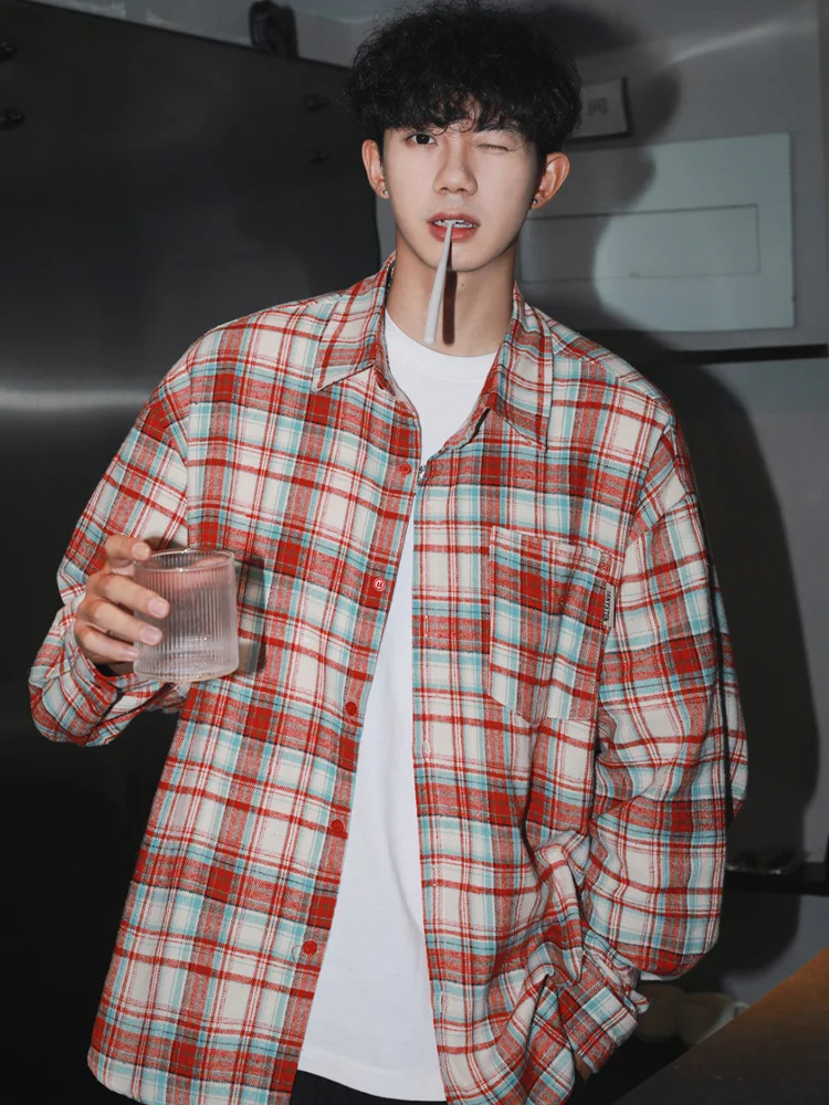 

Японская Sle Long Sve Plaid irt Мужская ленивая молодежная верхняя одежда из смеси хлопка, дышащая влажная ткань...