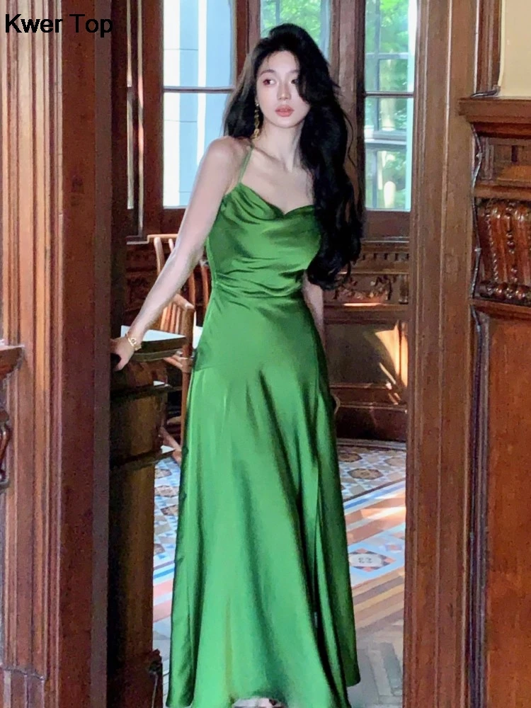 Summer Green Evening Midi Dress Chic Elegant Slim Waist Vestidos Office Lady Korean Y2K Straps Dresses Women Vintage Clothing