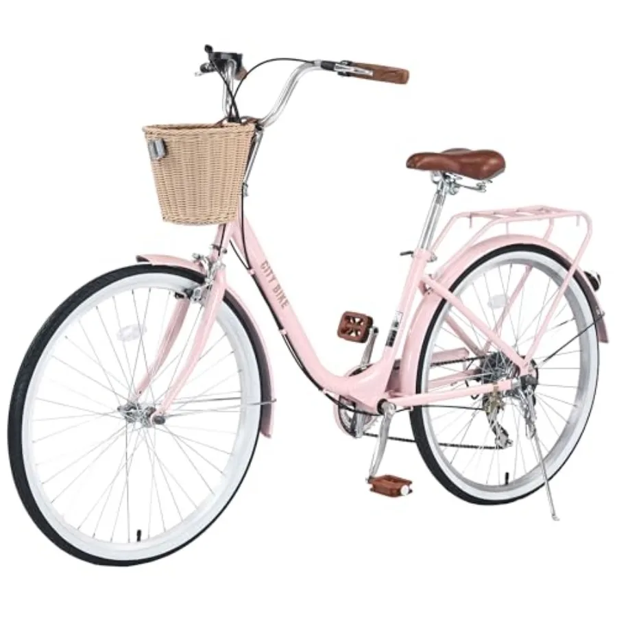 Women's cruiser bike for city commuting, steel frame, multiple colors, 7-speed gearing with front caliper brake and adjustable