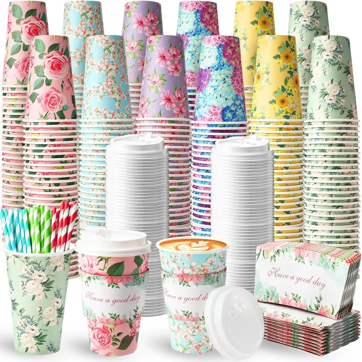

120 Set 16oz Disposable Paper Coffee Cups with Lids Sleeves Straws Holiday Paper Drinking Cups Bulk for Hot Cold Beverag