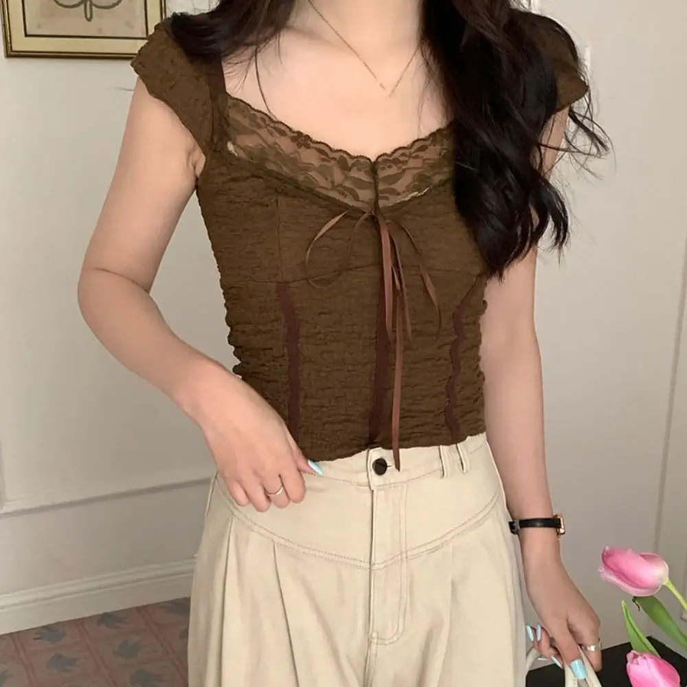 

Ins Sweet Slim Crop Top Korean Style Female Clothing Short Sleeve T-shirt Spicy Girl Bottoming Shirt Lace Bow T-Shirt Women Girl