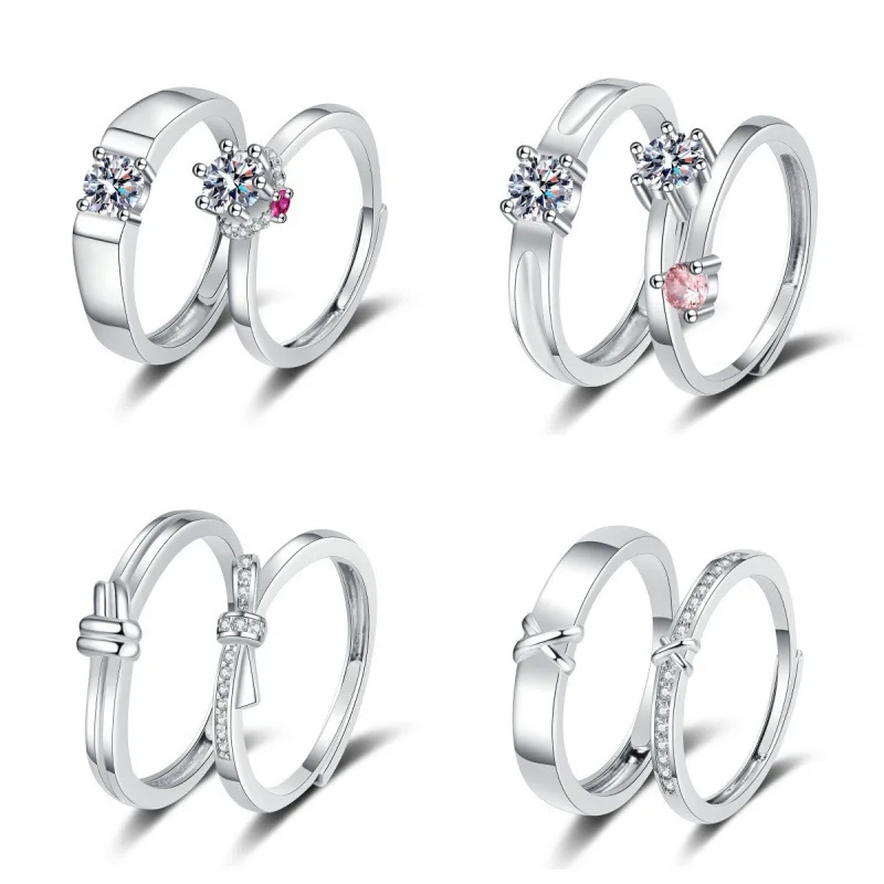 2Pcs/Set Classic Pink Zircon Geometric Square Couple Rings For Women Men Romantic Proposal Promise Wedding Paired Ring Jewelry