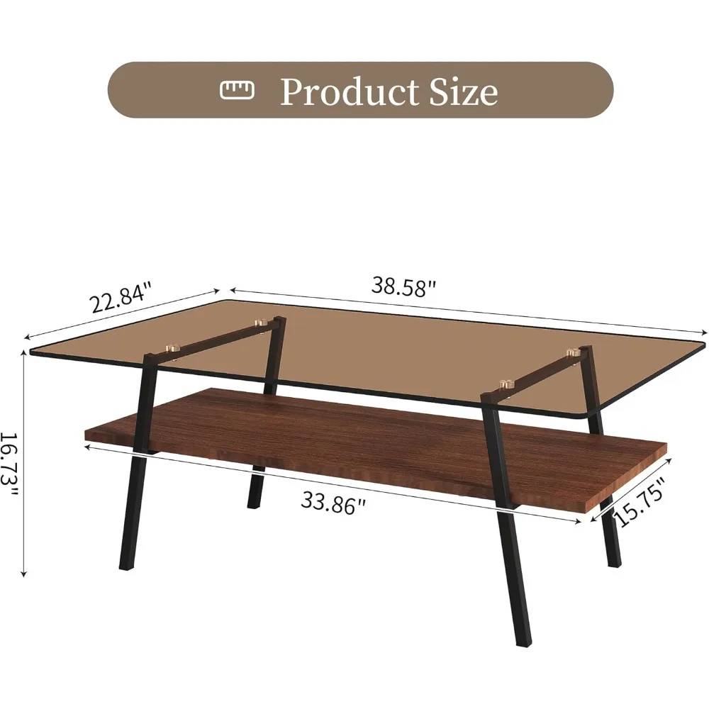 Petite table basse en verre doré du milieu du siècle avec étagères en bois, cadre noir, verre marron, salon