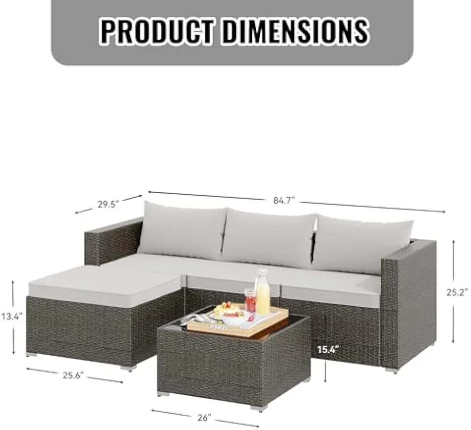 Patio Conversation Set All Weather Patio Sofa Manual Weaving Wicker Rattan Sectional Sofa with Washable Cushions & Glass Table