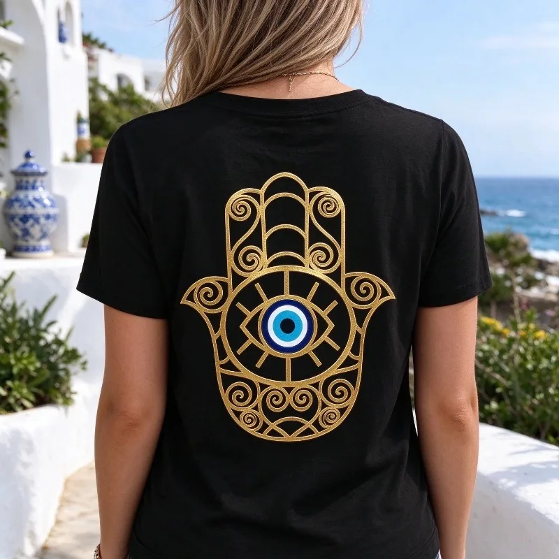 Hamsa Hand Evil Eye T Shirt Women 100% Cotton Front Back Print Golden Hamsa Hand And Evil Eye Graphic Tee Boho Casual Beach Top