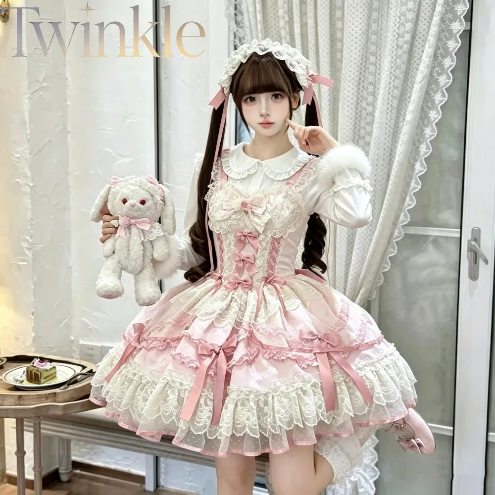Doll Style Ballet JSK Dress Pink Blue Two Colors Multi Layer Lace Cake Dress Girls Princess Dress Kids Party Gown Autumn