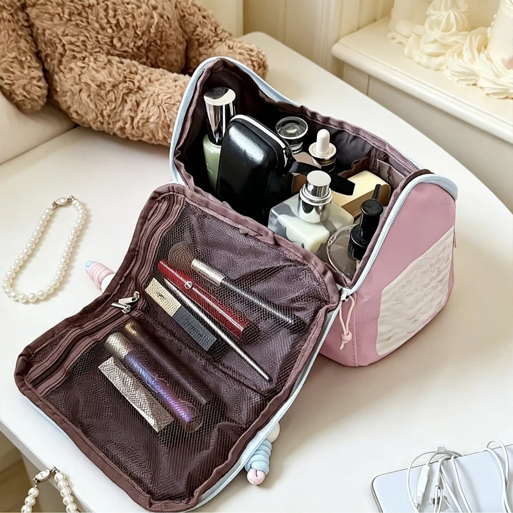 Dopamine House Large Capacity Makeup Bag for Women Waterproof Travel Organizer with Compartments Portable Skincare Handheld