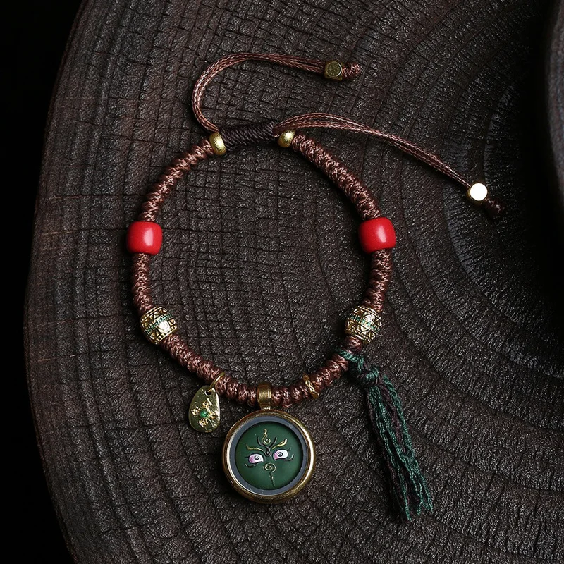 

Tibetan culture green God of Wealth painted pendant hand-woven hand rope adjustable ethnic style vintage bracelet