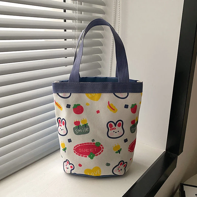 Borsa a secchiello portatile con motivo animale carino Graffiti Borsa cilindrica stampata Borsa Bento in tela Borsa per il pranzo portatile