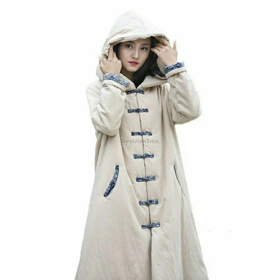 2023 chinese style cotton-padded women winter long cotton cheongsam button hooded robe thick warm retro long cloak coat s935