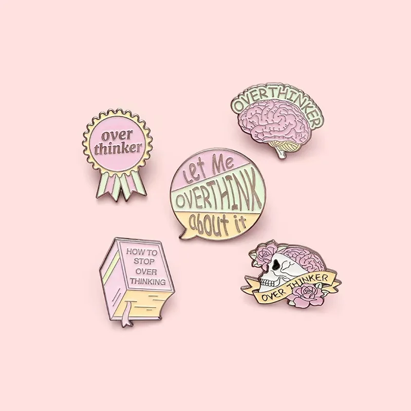 Wholesale Overthinker Enamel Pins Custom Overthinking Award Brain Skull Book Brooches Lapel Badges Backpack Cartoon Jewelry Gift