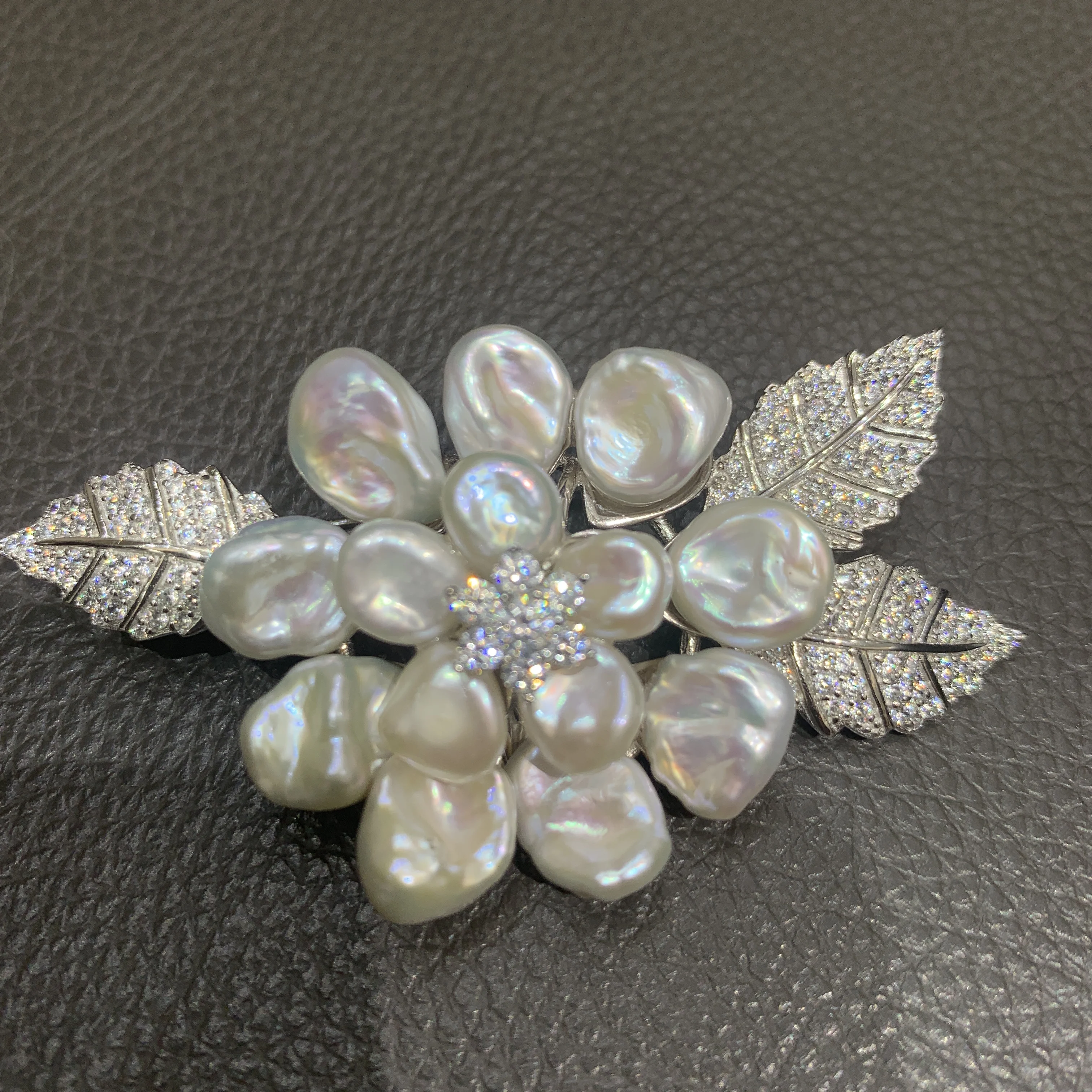 natural fresh water pearl flower brooch pins 925 sterling silver with cubic zircon romantic baroque keshi pearl luxury jewelry