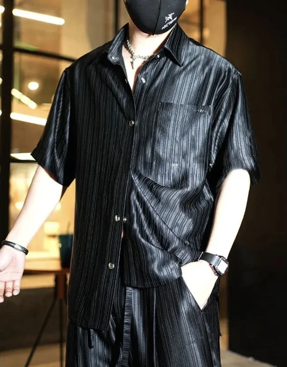

Nylon Shirts Pants Suits for Men Plain Smooth Outfits Polyester Elastic Stylish Cool Chic Aesthetic Stripes Man Trousers Sets