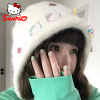 Sanrio Hello Kitty Plush Hat Autumn Winter Cartoon Cute Girls Warm Knitted Hat Warm Ear Protection Riding Hat Christmas Gifts