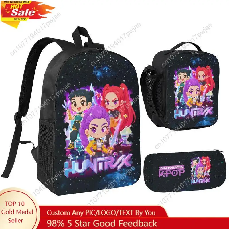 

3PCS Functional K-POP Demon Hunters Backpack Set - Black Large Capacity Laptop Schoolbag + Portable Lunch Bag + Pencil Case, Fas