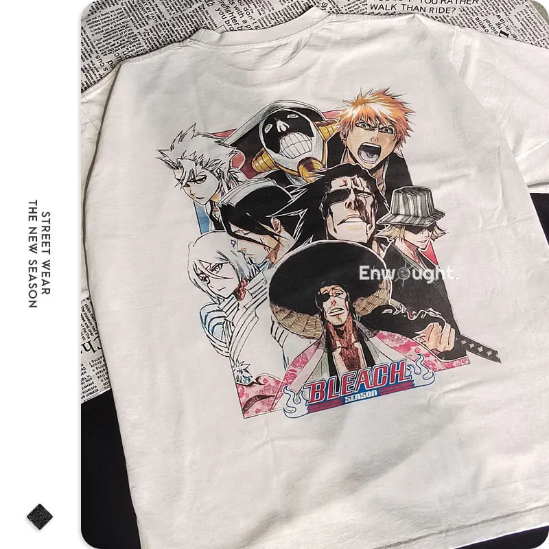 Grimmjow Aizen Ichigo T-shirt Anime Vintage Washed T Shirts Streetwear Rukia Kenpachi Manga Oversized Short Sleeve Tops Tees