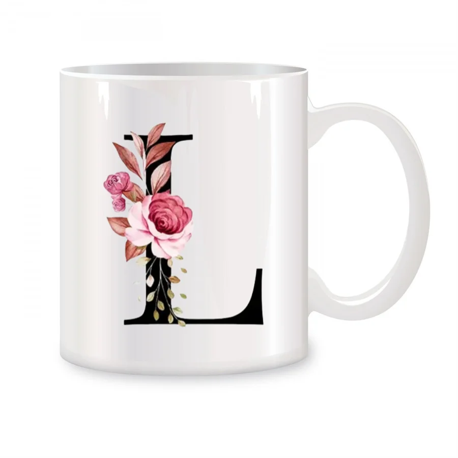 Letter Flower L Mugs For Women, Mom, Best Friend, Bride, Bridesmaid Birthday Gifts Novelty Coffee Ceramic Tea Cups White 11 oz