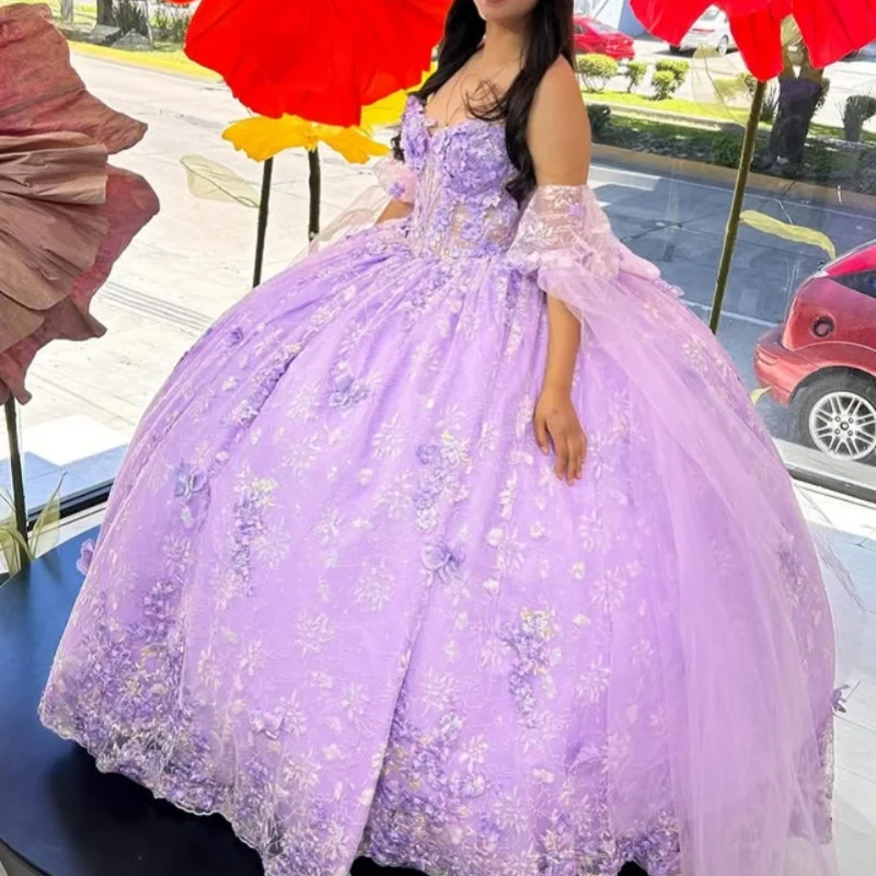

lavender purple Off Shoulder Quinceanera Dress Tull glitter decal Lace flower crystal vestidos de 15 Quinceanera ﻿Customized