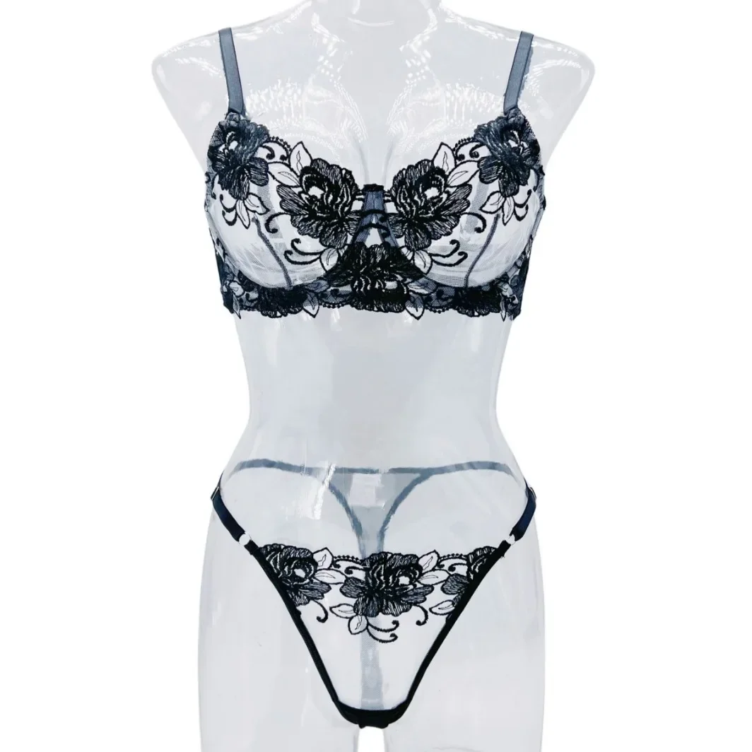 Süße Blume Mesh Stickerei Perspektive Dessous Set Sexy Transparent Dessous Damen Solide Exotische Bekleidung Anzug Unterwäsche BH