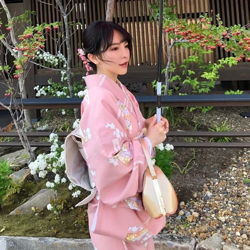 Sakura Girl Kimono Dress Japanese Yukata Obi Bathrobe Women Floral Print Haori Japan Uniform Cosplay Costume Party Short Gown