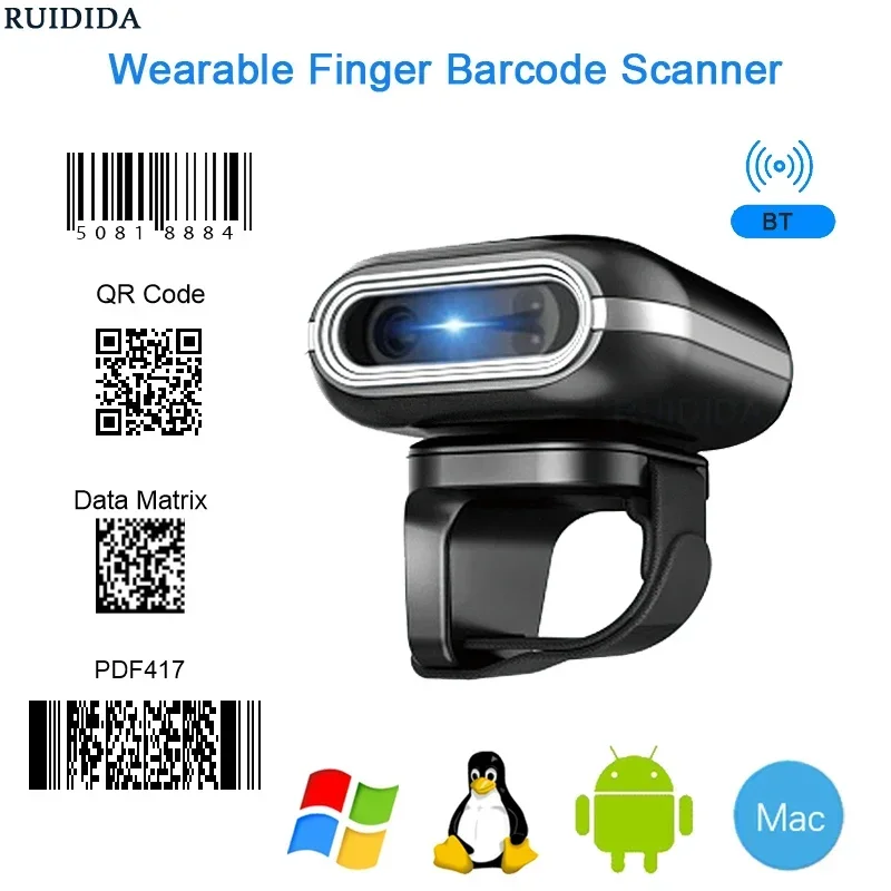 QR Code 1D/2D Ring Scanner Wearable Scanner Finger Barcode Reader Bluetooth Barcode Scanner Portable Bar code Scanner PDF Code