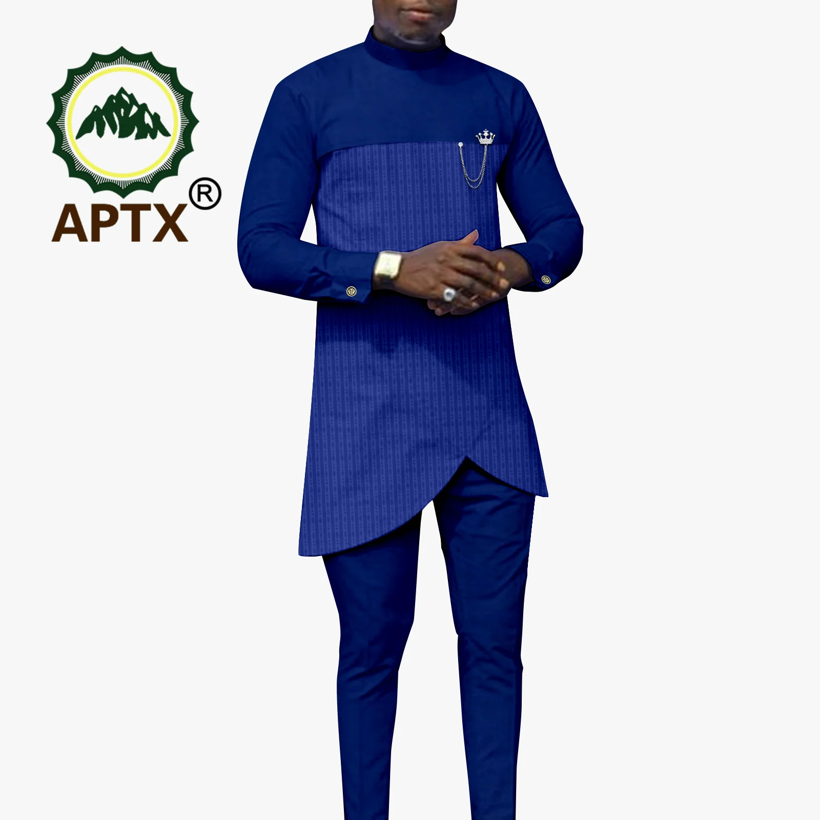 African Men Causal Two-Piece Set O-neck Long Sleeve Blazer Shirt with Breastpin Trousers Personal Custom Cotton Attire A2316029