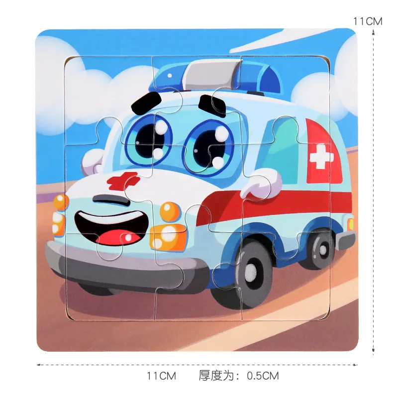 11cm Drewniane Puzzle dla Dzieci Gry Układanki Kreskówkowe Zwierzęta Pojazdy Wzory Drewniane Puzzle 3D Montessori Zabawki Edukacyjne