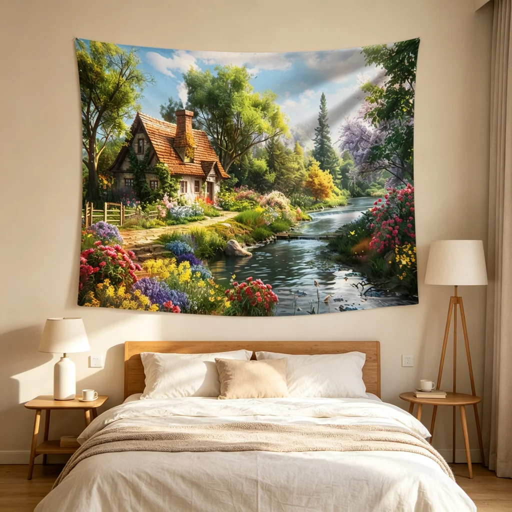 1PC Country Stream Print Backdrop Banner, Bedroom Living Room Photo Background, Polyester Wall Hanging, Home Decor, Wall Art