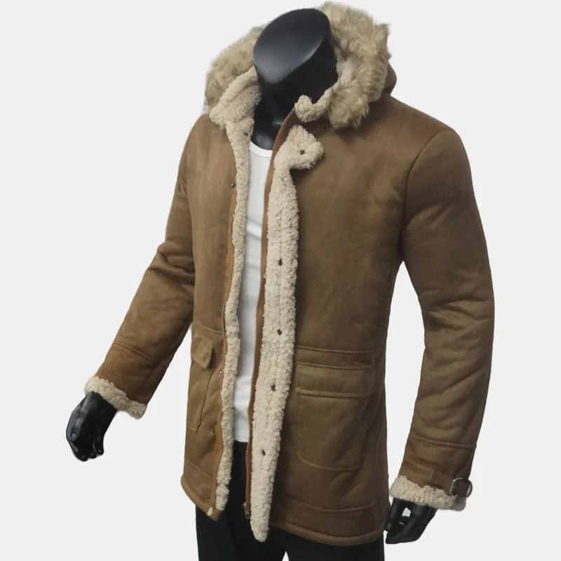 Winter Men\'s Jackets Suede Warm Windbreaker Hooded Fleece Jacket Men Wool Thickened Fur Collar Outerwear Men\'s Clothing S-5XL