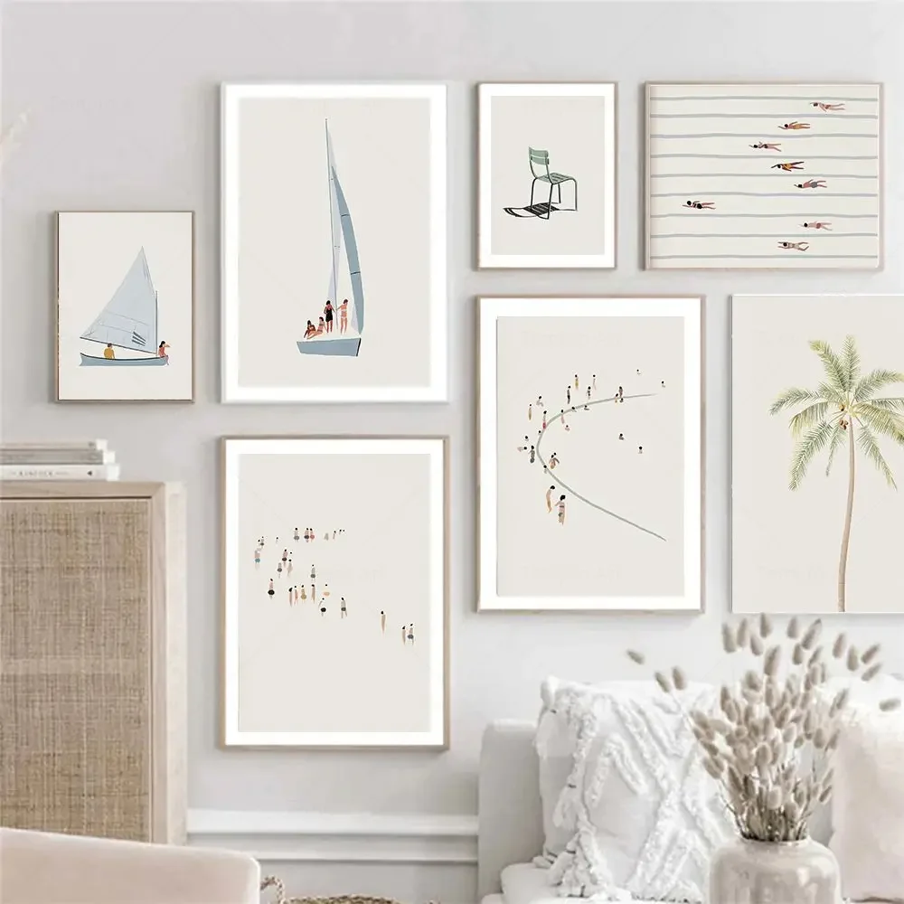 Frameless Canvas PaintingSwimming Contest Waves Poster Sailboat Palm Canvas Painting Abstract Modern Minimalist Print Pictures F