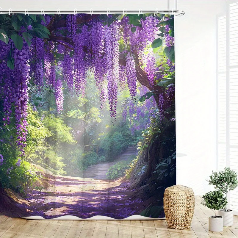 Wisteria Forest Path Shower Curtain Nature Art Bathroom Decor Purple Flowers Garden Scene Bath Curtains Modern Home Interior