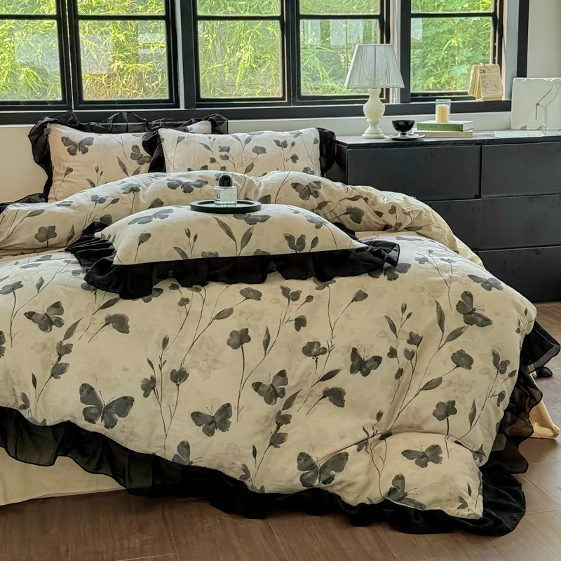 Class A Cotton Double-layer Yarn Bed Four-piece Set French Retro Lace Bedding Bed Sheet Quilt Cover Pillowcases Bedding Set