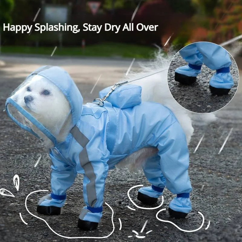 

Full-Coverage Waterproof Pet Raincoat Leash-compatible Reflective Raincoat and Rain Shoes Set For Small Dogs Pet Rainwear Supply